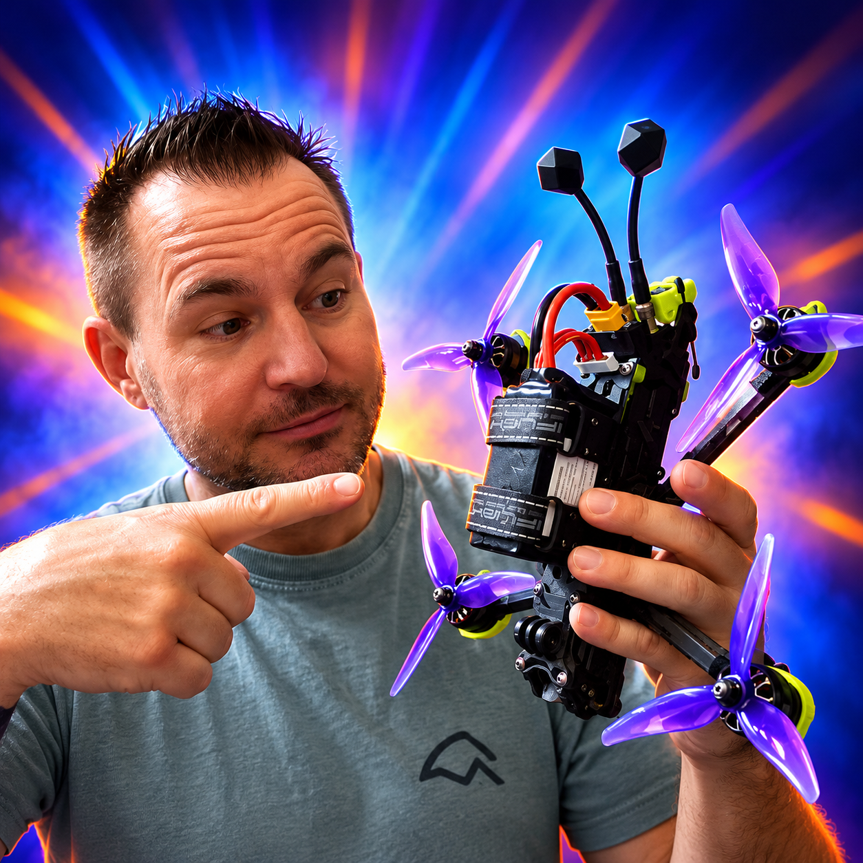 Host examining an FPV quadcopter against a bright blue and orange background